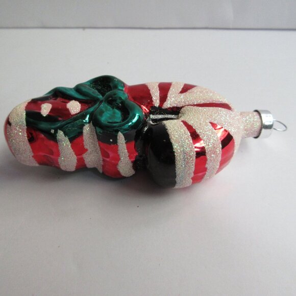 Striped Candy Cane with Gren Bow Glass Christmas Ornament Vintage 4" - Picture 8 of 9